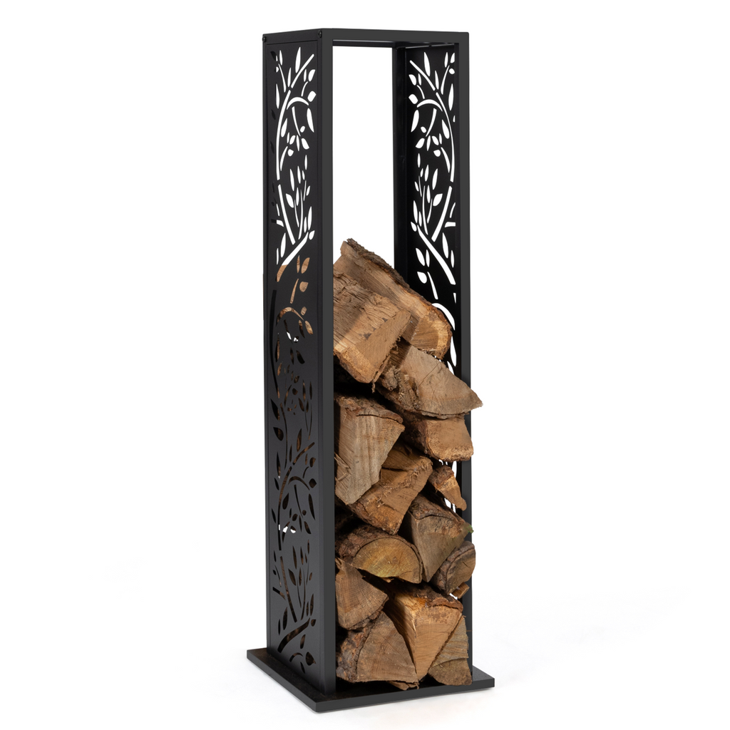 Range-bûches vertical en acier noir motif arbre H. 112 cm pour cheminée