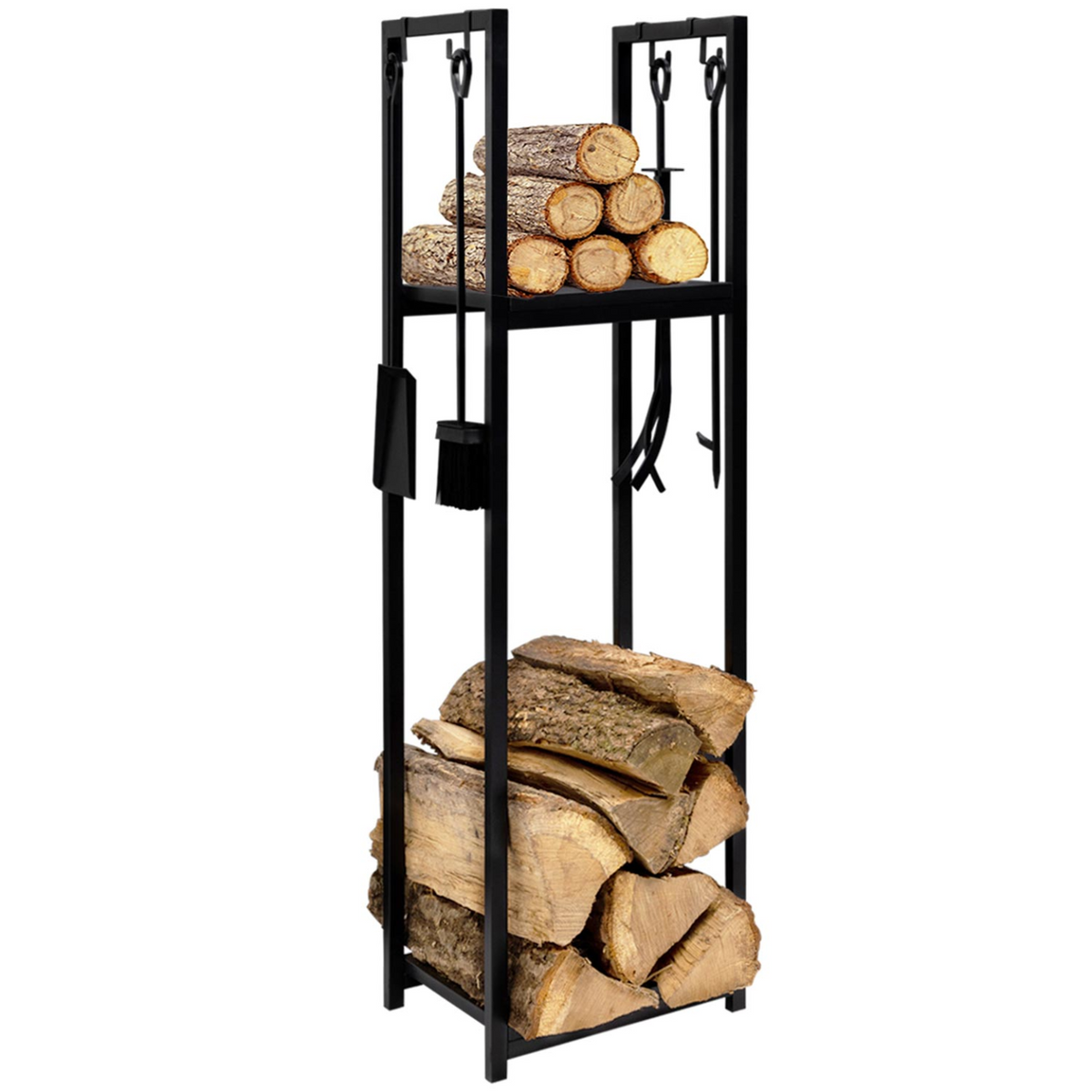 Serviteur de cheminée vertical avec porte-bûches et 2 étagères H. 112 cm