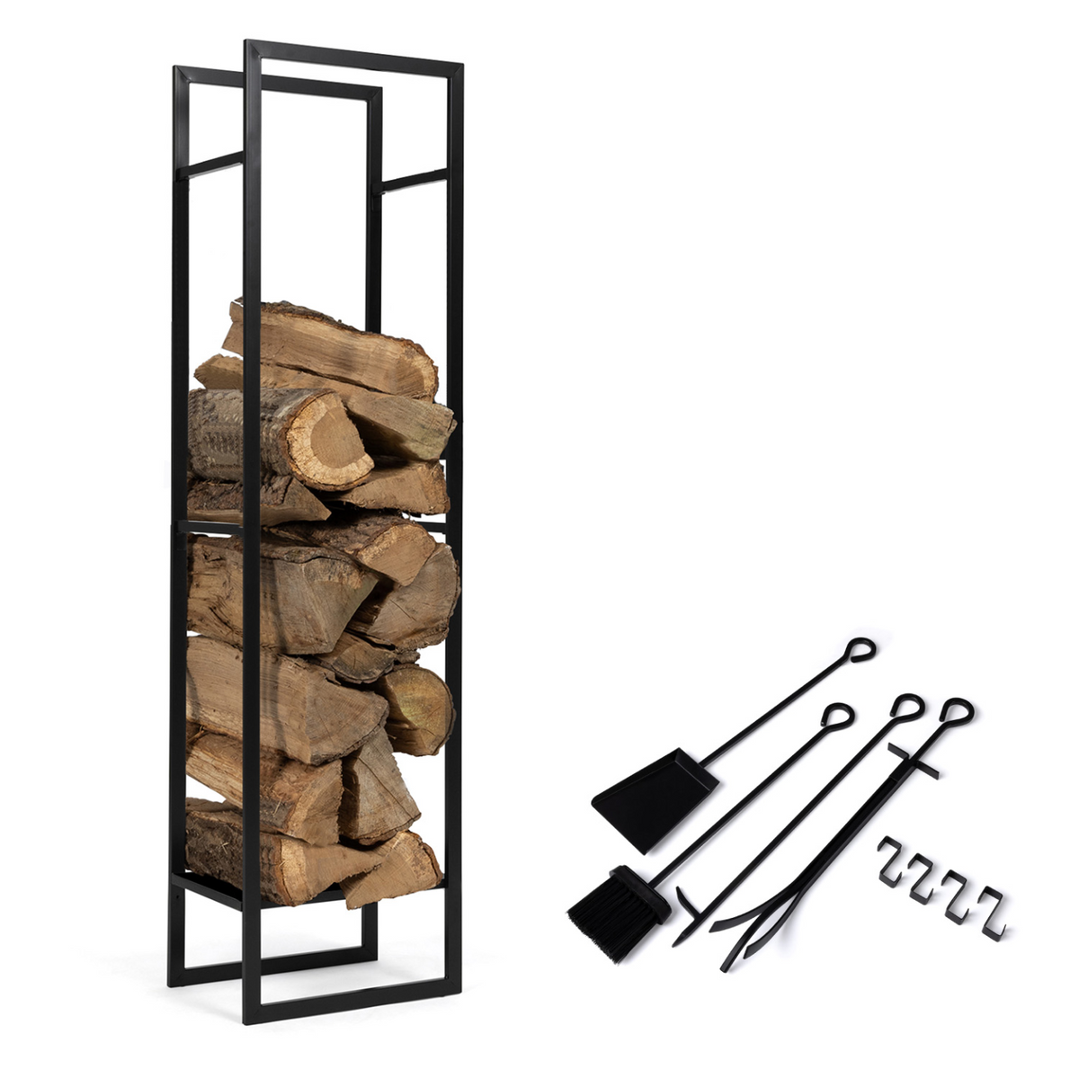 Range-bûches vertical en acier noir avec étagère et accessoires, H. 170 cm, pour cheminée
