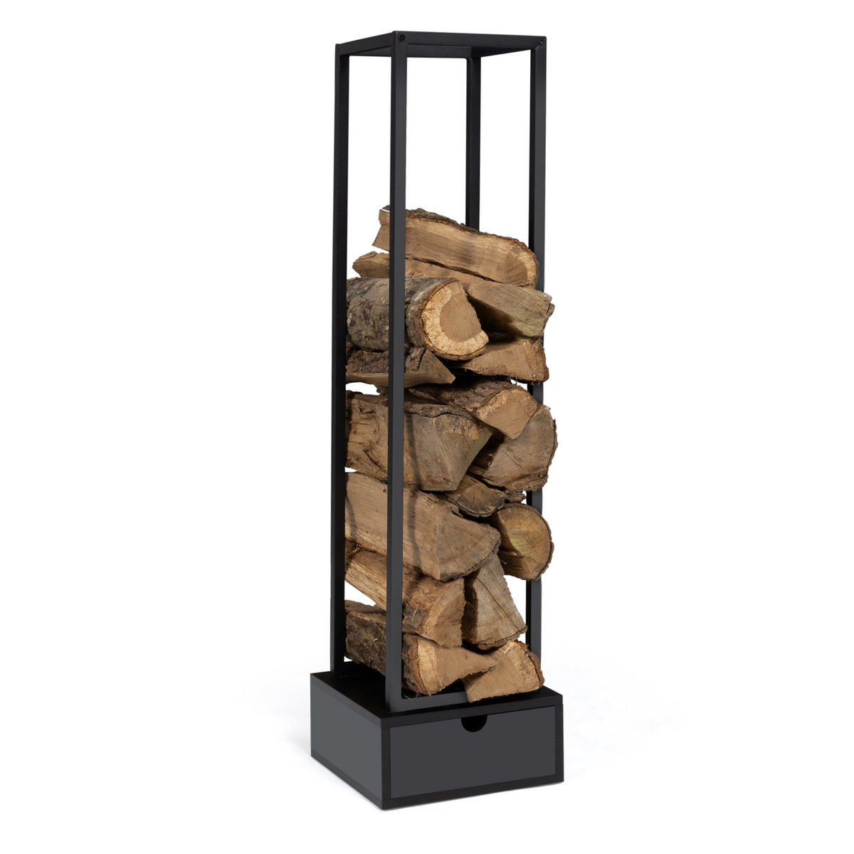 Range-bûches vertical en acier noir H. 125 cm avec tiroir pour cheminée