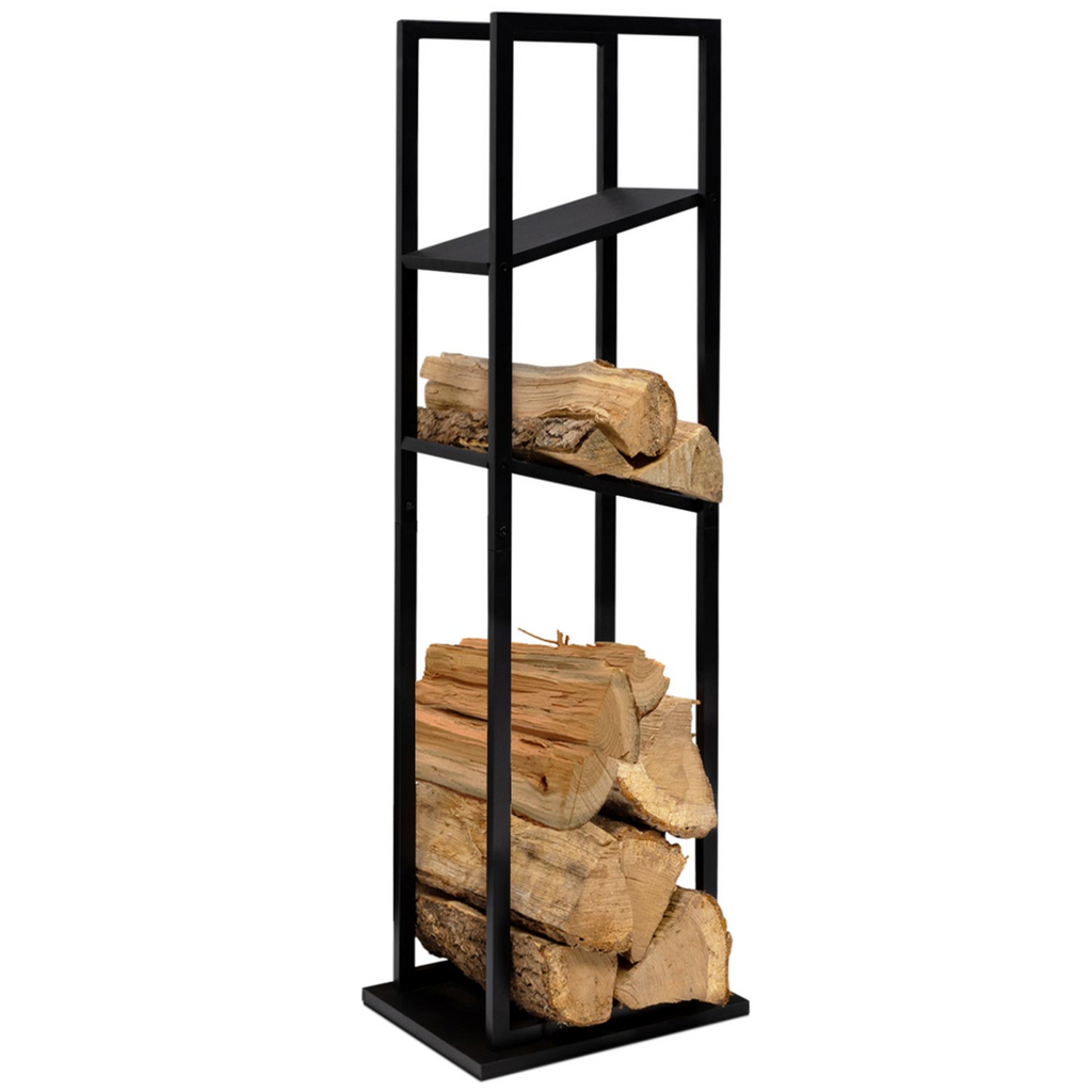 Range-bûches vertical en acier noir avec 2 étagères H.112 CM pour cheminée