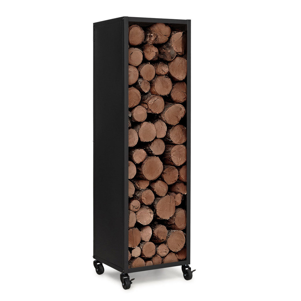 Range-bûches vertical plein en acier noir H. 119 cm pour cheminée avec roulettes