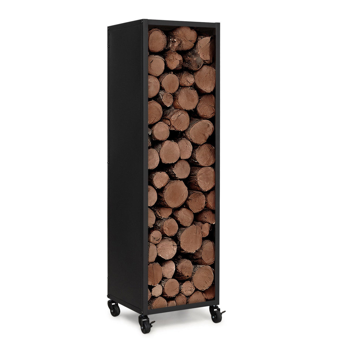 Range-bûches vertical plein en acier noir H. 119 cm pour cheminée avec roulettes