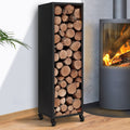 Range-bûches vertical plein en acier noir H. 119 cm pour cheminée avec roulettes