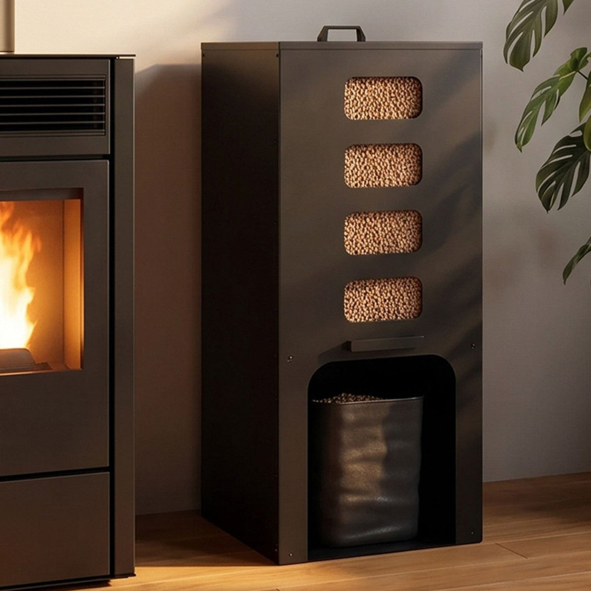Réservoir à granulés 55 kg noir, distributeur à pellets 40 x 40 x 98,5 cm avec contenant souple amovible