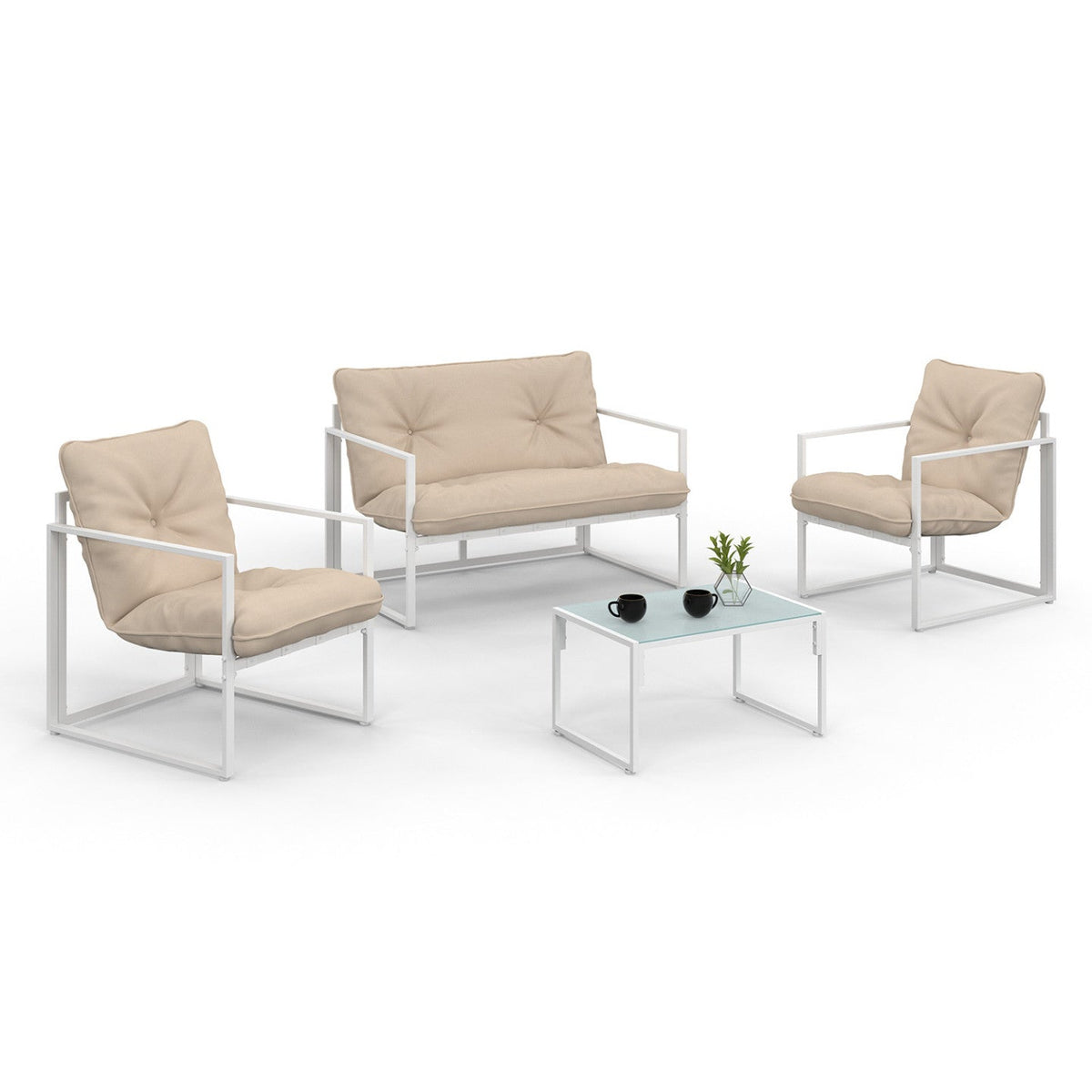 Salon de jardin bas NAIROBI 4 places en acier blanc et coussins beiges