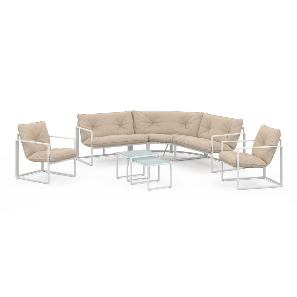 Salon de jardin bas NAIROBI 8 places, salon d'angle en acier blanc et coussins beiges
