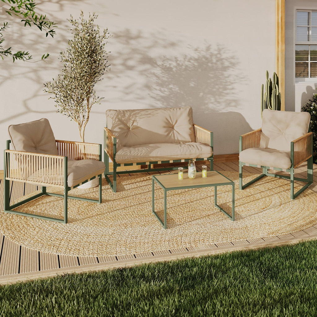 Salon de jardin bas RIO 4 places, structure en métal vert, cordage effet rotin clair et coussins beiges