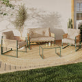 Salon de jardin bas RIO 4 places, structure en métal vert, cordage effet rotin clair et coussins beiges