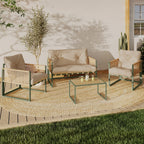 Salon de jardin bas RIO 4 places, structure en métal vert, cordage effet rotin clair et coussins beiges