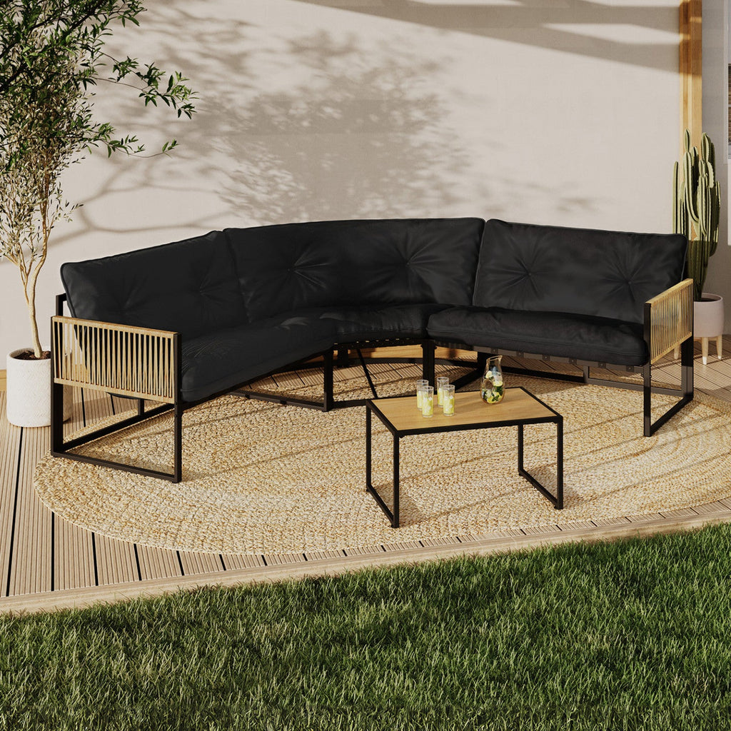 Salon de jardin bas RIO 6 places, canapé d'angle avec structure en métal et cordage effet rotin, coussins noirs inclus