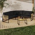 Salon de jardin bas RIO 6 places, canapé d'angle avec structure en métal et cordage effet rotin, coussins noirs inclus