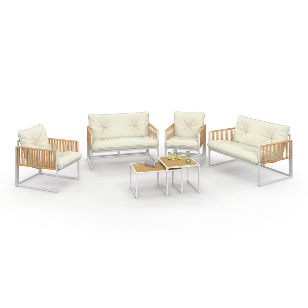 Salon de jardin bas RIO 6 places structure métal blanc et cordage effet rotin avec coussins beige