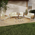 Salon de jardin bas RIO 6 places structure métal blanc et cordage effet rotin avec coussins beige