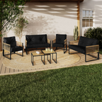Salon de jardin bas RIO 6 places structure métal noir, cordage effet rotin clair et coussins noirs