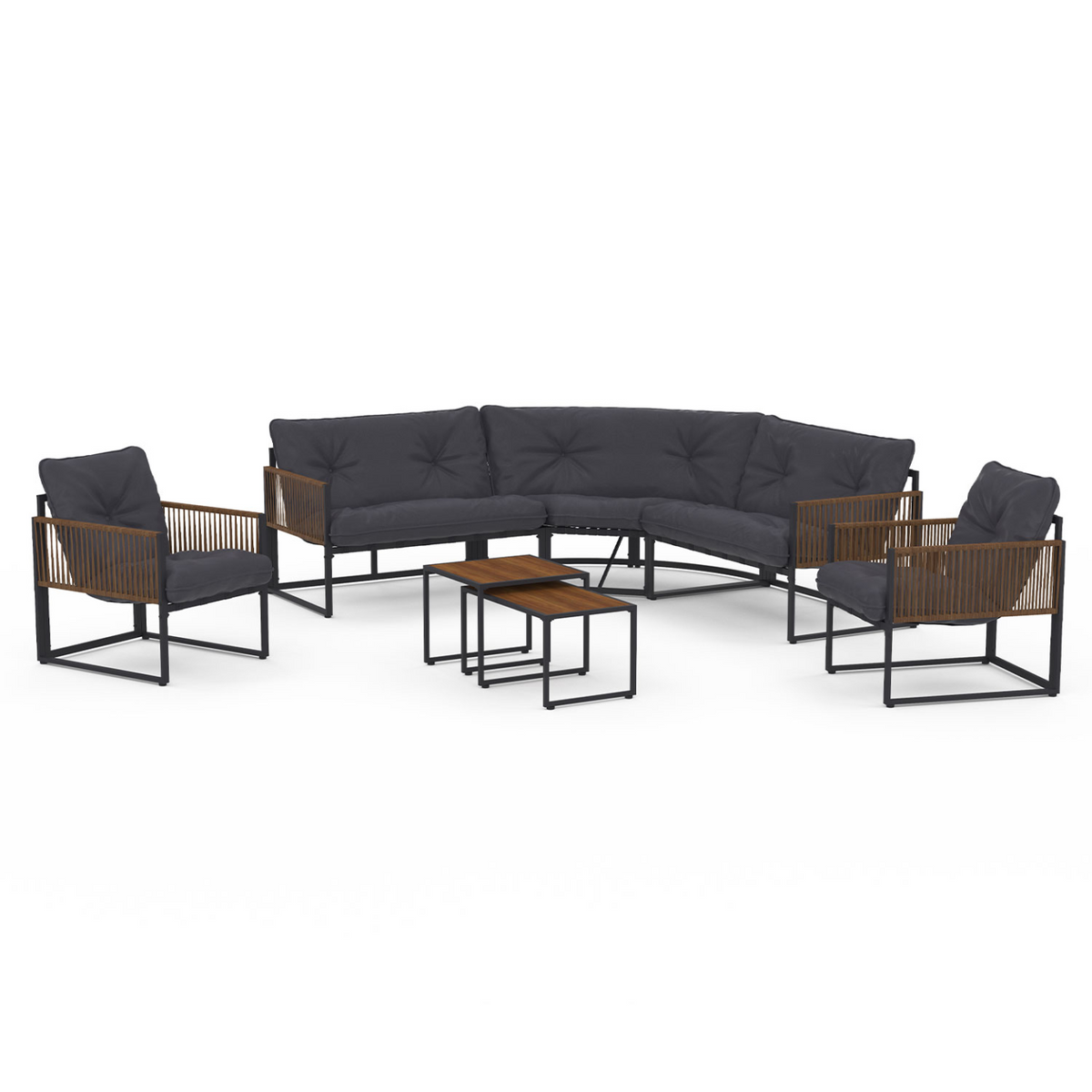 Salon de jardin bas 8 places RIO, canapé d'angle avec structure en métal gris anthracite, cordage effet rotin et coussins gris