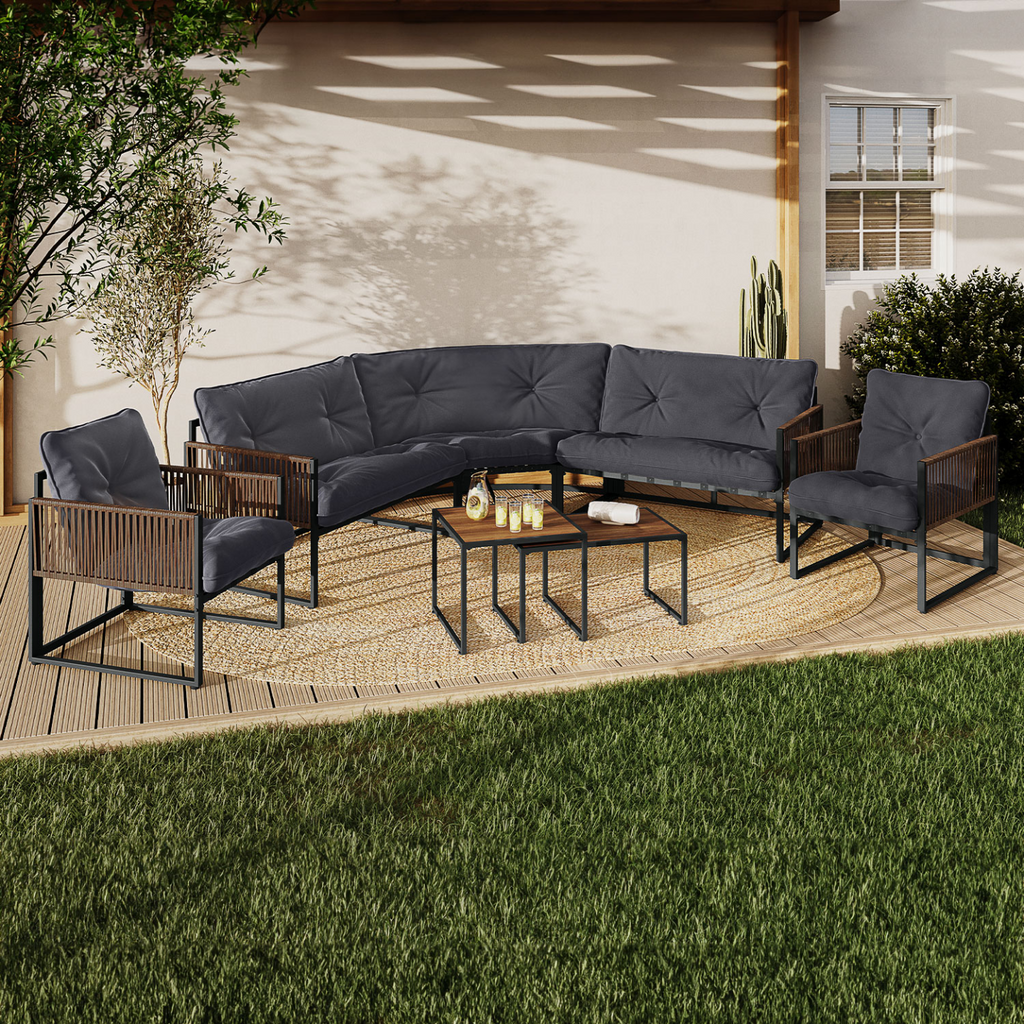 Salon de jardin bas 8 places RIO, canapé d'angle avec structure en métal gris anthracite, cordage effet rotin et coussins gris