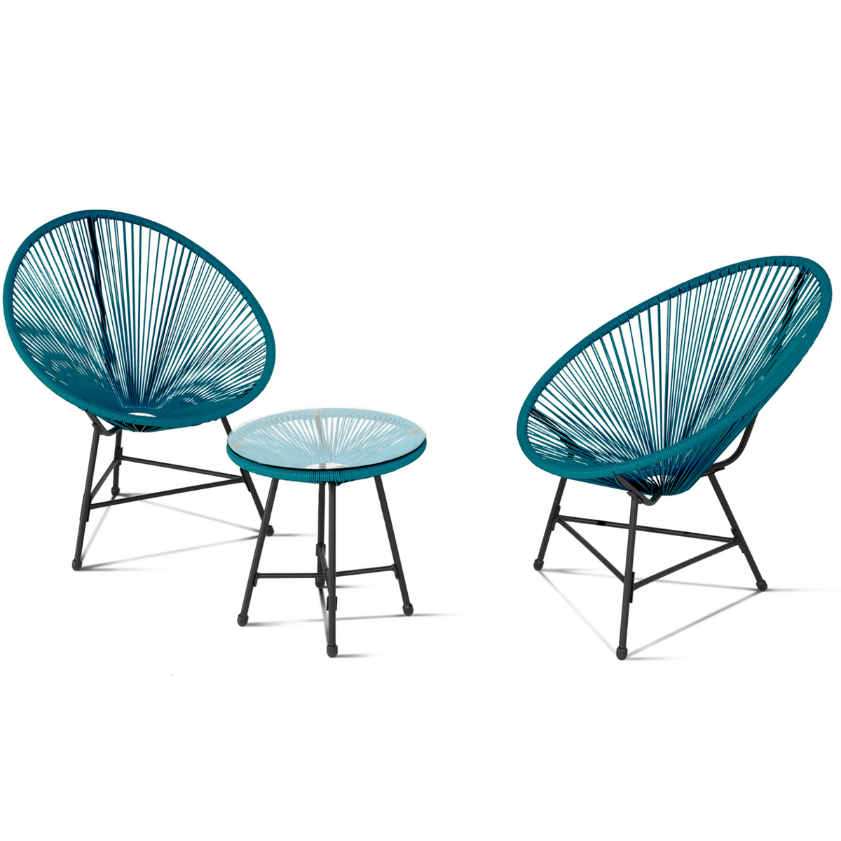 Salon de jardin IZMIR table et 2 fauteuils œufs en corde bleu canard