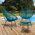 Salon de jardin IZMIR table et 2 fauteuils œufs en corde bleu canard