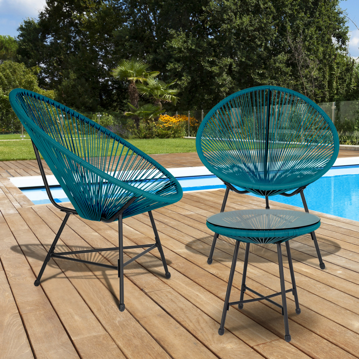 Salon de jardin IZMIR table et 2 fauteuils œufs en corde bleu canard