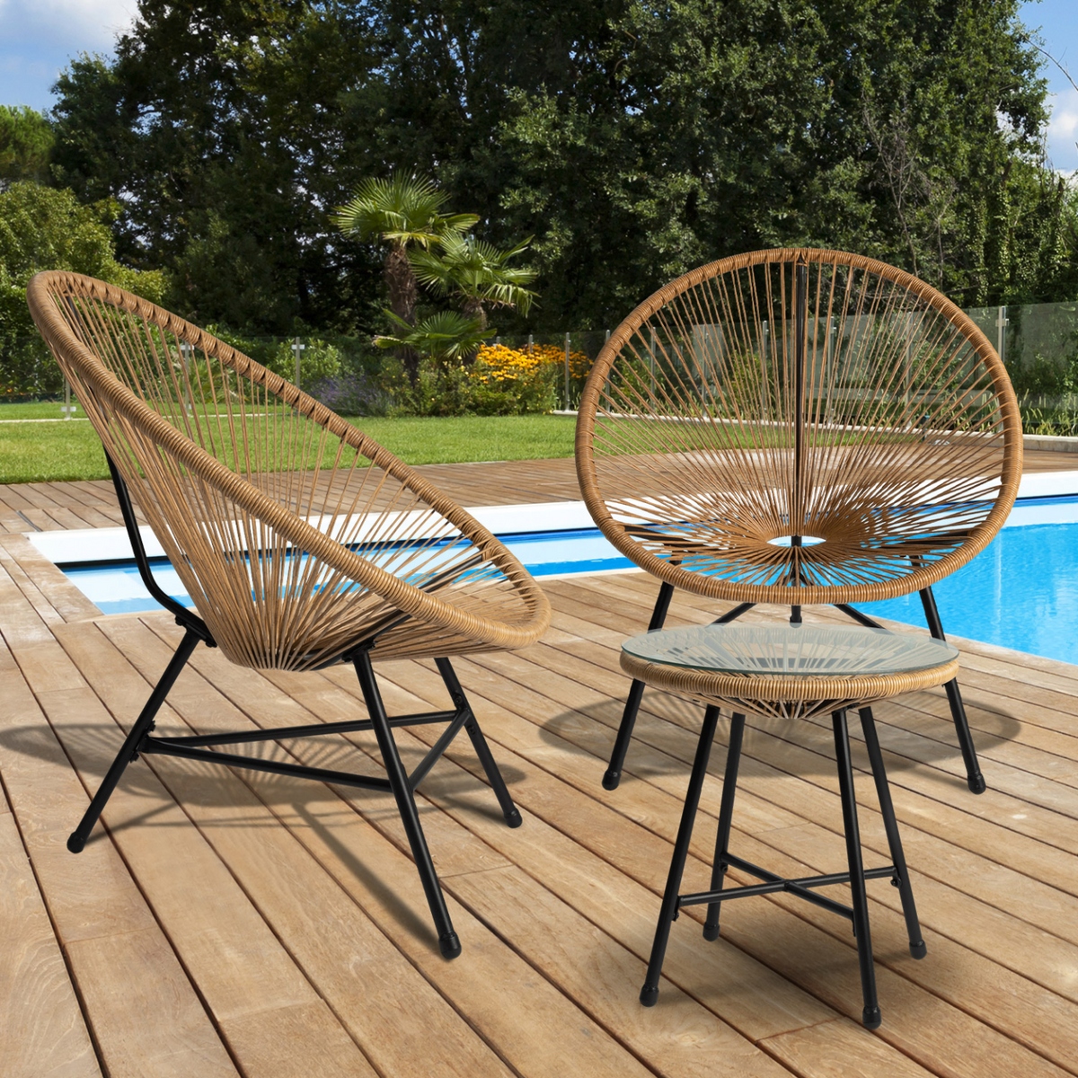 Salon de jardin IZMIR table et 2 fauteuils œufs en corde effet rotin