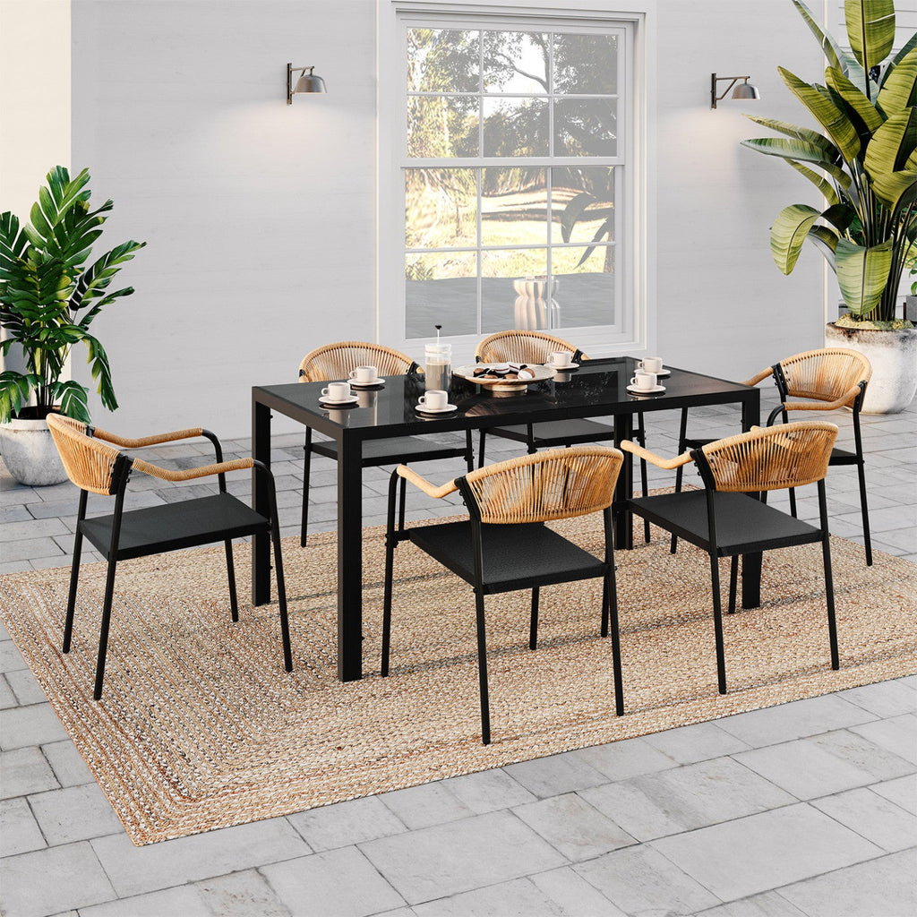 Salon de jardin MADEIRA table 150 cm et 6 chaises cordage et textilène noir et rotin clair