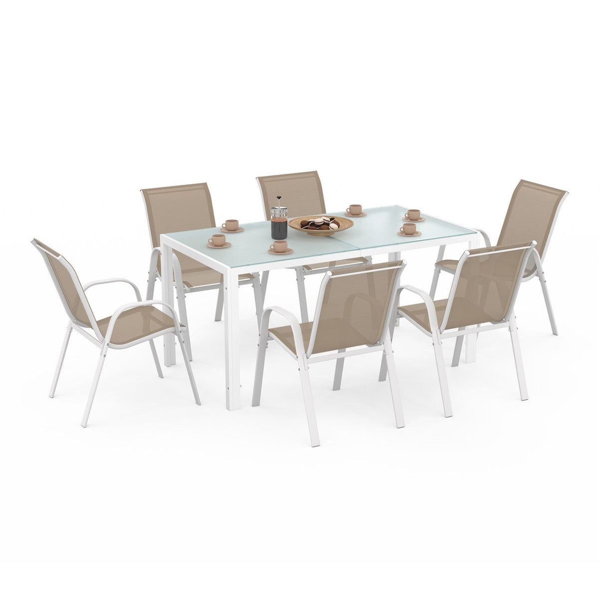 Salon de jardin MADRID table 150 cm et 6 chaises empilables blanc et beige taupe