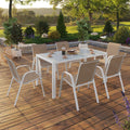 Salon de jardin MADRID table 150 cm et 6 chaises empilables blanc et beige taupe