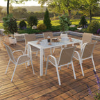 Salon de jardin MADRID table 150 cm et 6 chaises empilables blanc et beige taupe