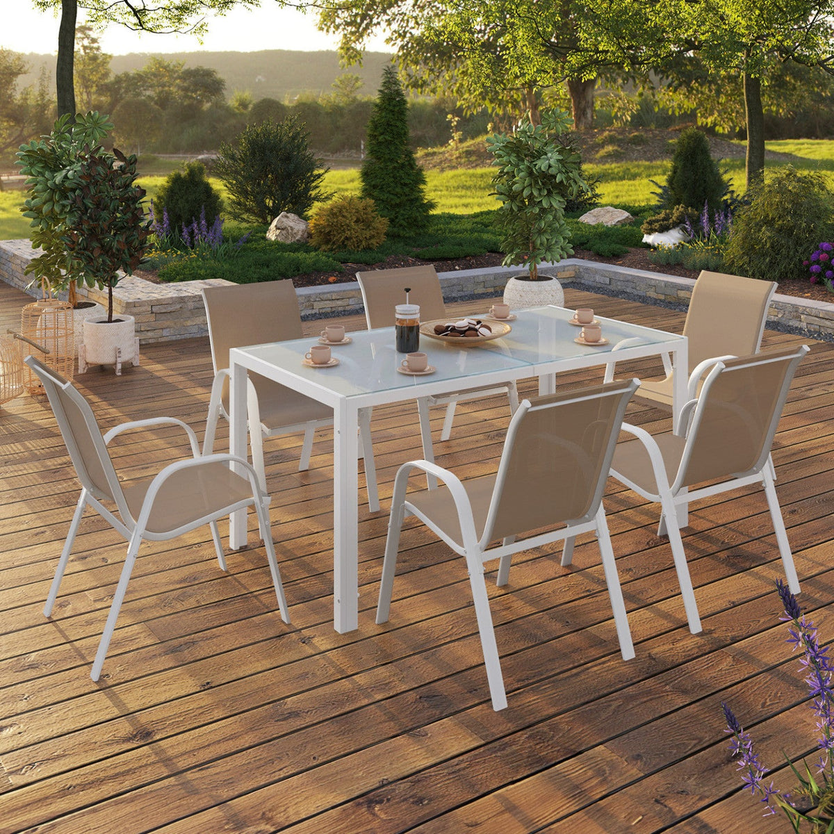 Salon de jardin MADRID table 150 cm et 6 chaises empilables blanc et beige taupe