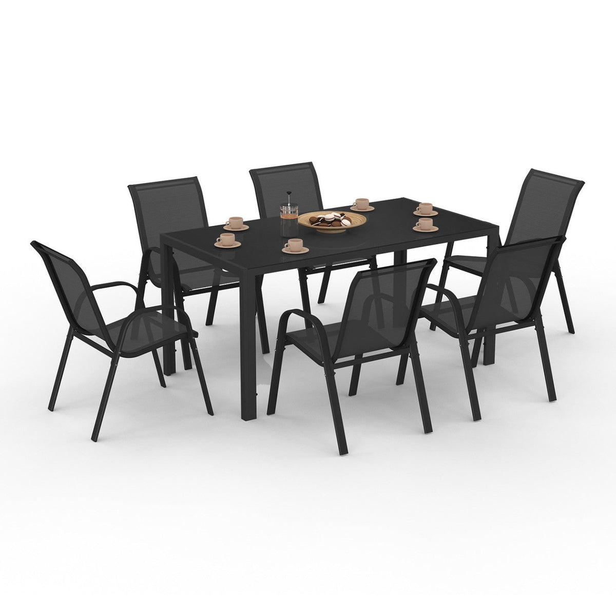 Salon de jardin MADRID table 150 cm et 6 chaises empilables noir