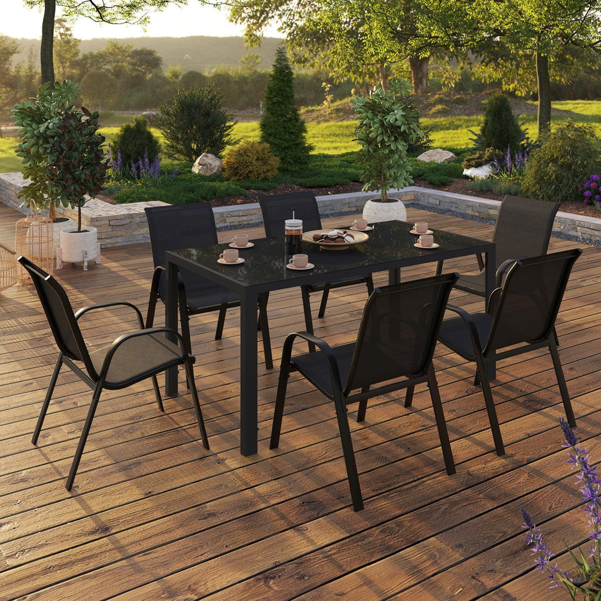 Salon de jardin MADRID table 150 cm et 6 chaises empilables noir