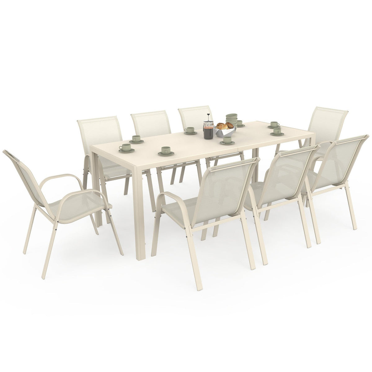 Salon de jardin MADRID table 190 cm et 8 chaises empilables beige