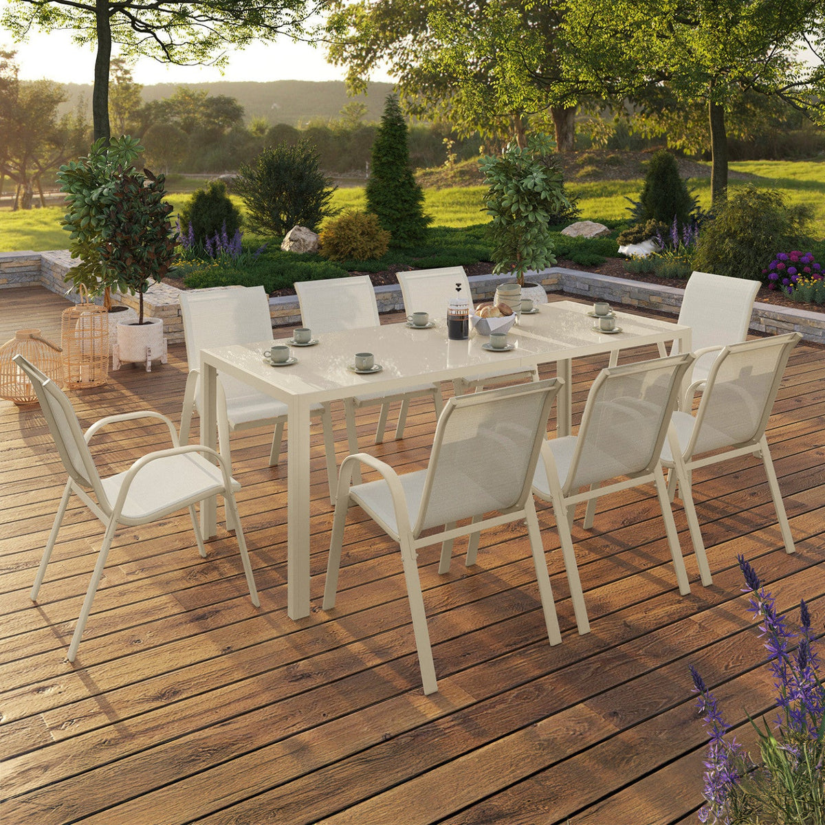 Salon de jardin MADRID table 190 cm et 8 chaises empilables beige