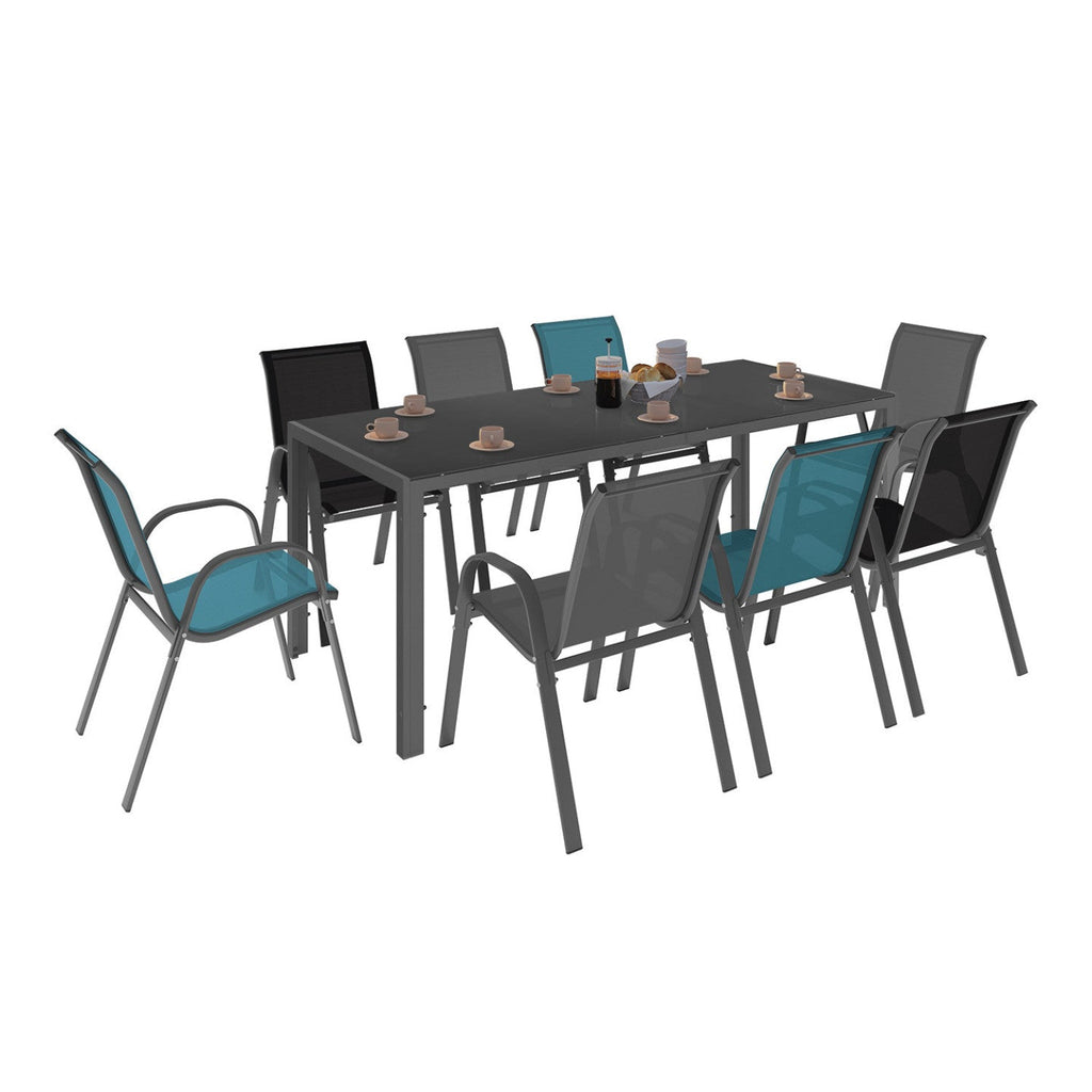 Salon de jardin MADRID table 190 cm et 8 chaises empilables mix couleurs bleu, gris et noir