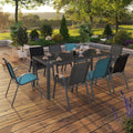 Salon de jardin MADRID table 190 cm et 8 chaises empilables mix couleurs bleu, gris et noir