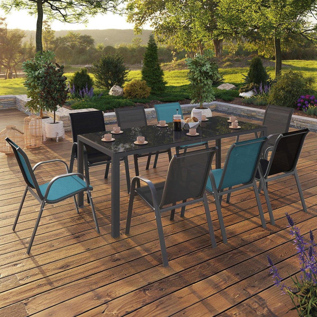 Salon de jardin MADRID table 190 cm et 8 chaises empilables mix couleurs bleu, gris et noir