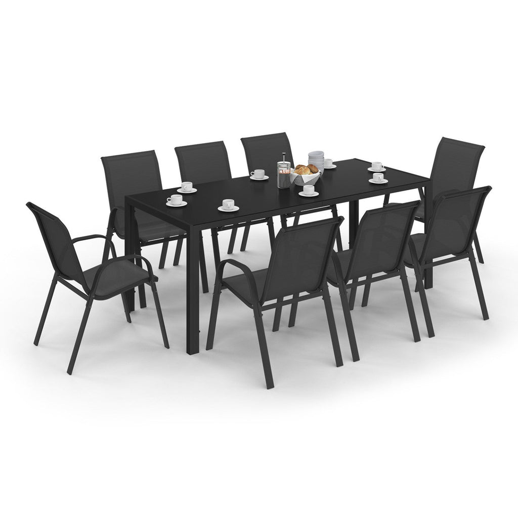 Salon de jardin MADRID table 190 cm et 8 chaises empilables noires