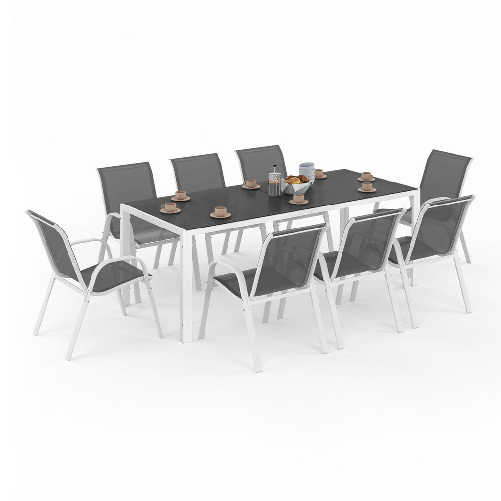 Salon de jardin MADRID table 190 cm et 8 chaises empilables blanc et gris