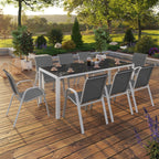 Salon de jardin MADRID table 190 cm et 8 chaises empilables blanc et gris