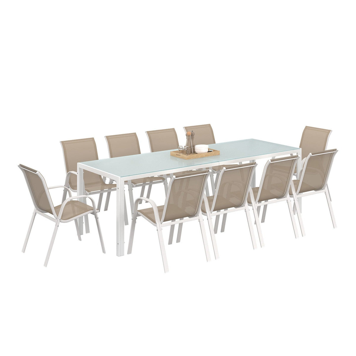 Salon de jardin MADRID table 240 cm et 10 chaises empilables blanc et beige taupe