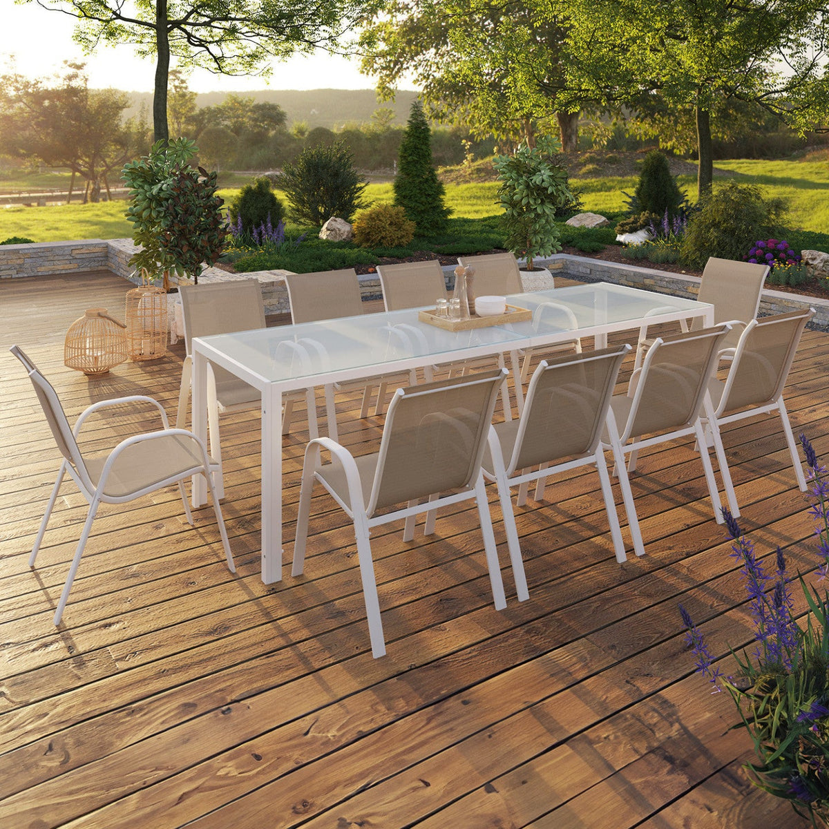 Salon de jardin MADRID table 240 cm et 10 chaises empilables blanc et beige taupe