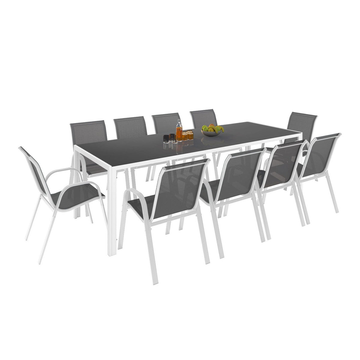 Salon de jardin MADRID table 240 CM et 10 chaises empilables blanc et gris