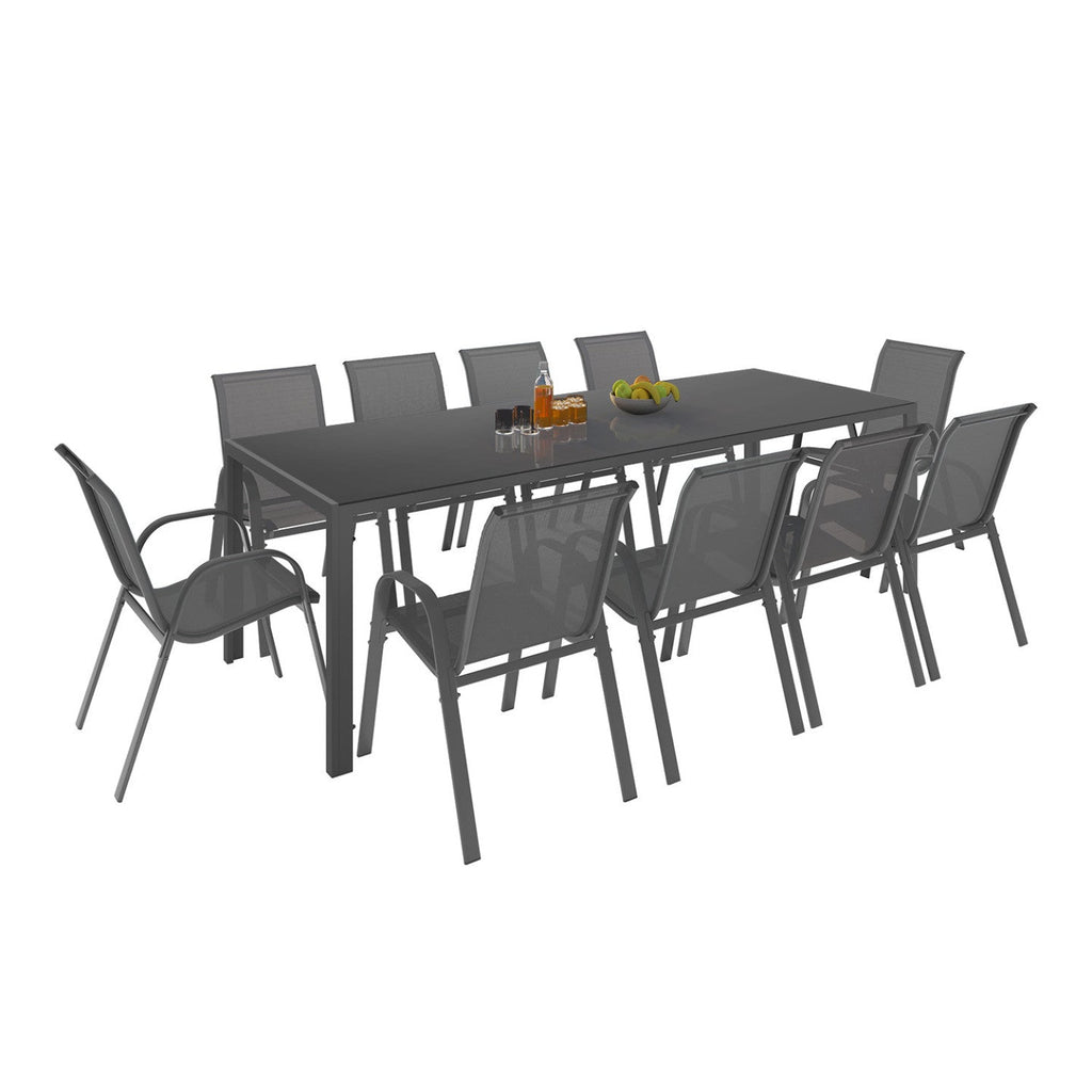 Salon de jardin MADRID table 240 cm et 10 chaises empilables gris anthracite