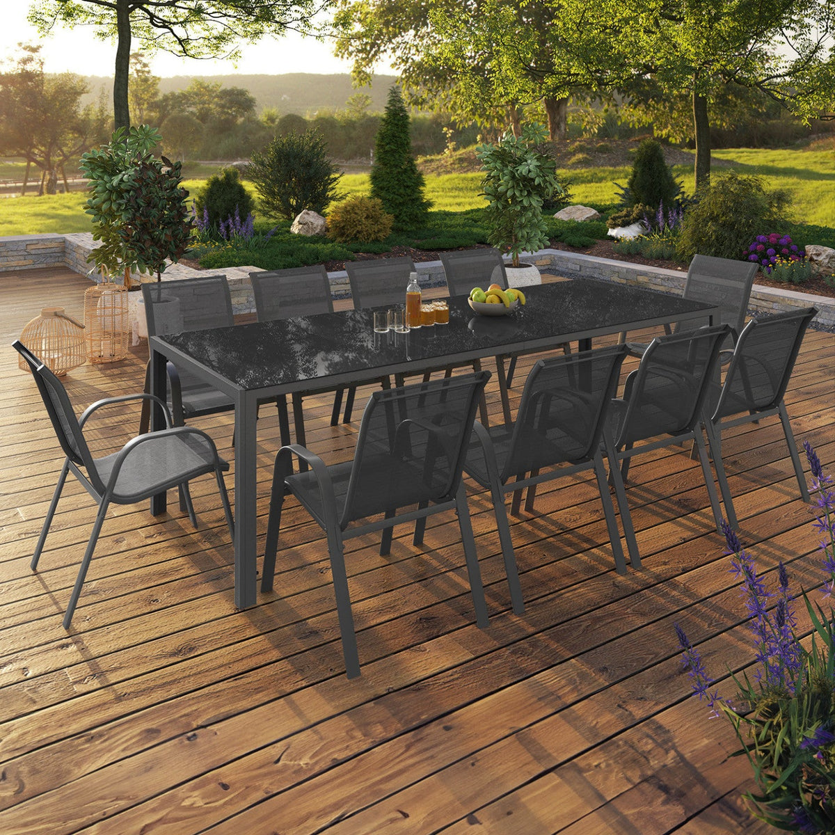 Salon de jardin MADRID table 240 cm et 10 chaises empilables gris anthracite
