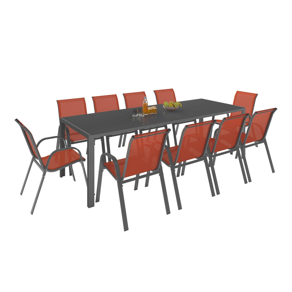 Salon de jardin MADRID table 240 CM et 10 chaises empilables terracotta et gris