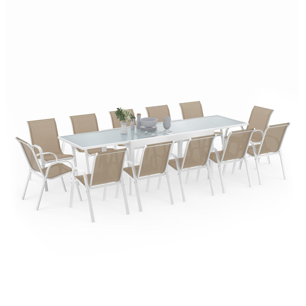 Salon de jardin MADRID table extensible 135-270 cm et 12 chaises empilables blanc et beige taupe