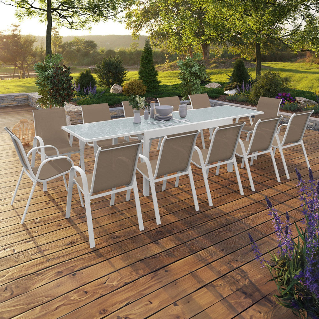 Salon de jardin MADRID table extensible 135-270 cm et 12 chaises empilables blanc et beige taupe
