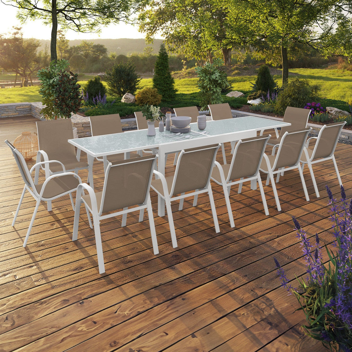 Salon de jardin MADRID table extensible 135-270 cm et 12 chaises empilables blanc et beige taupe