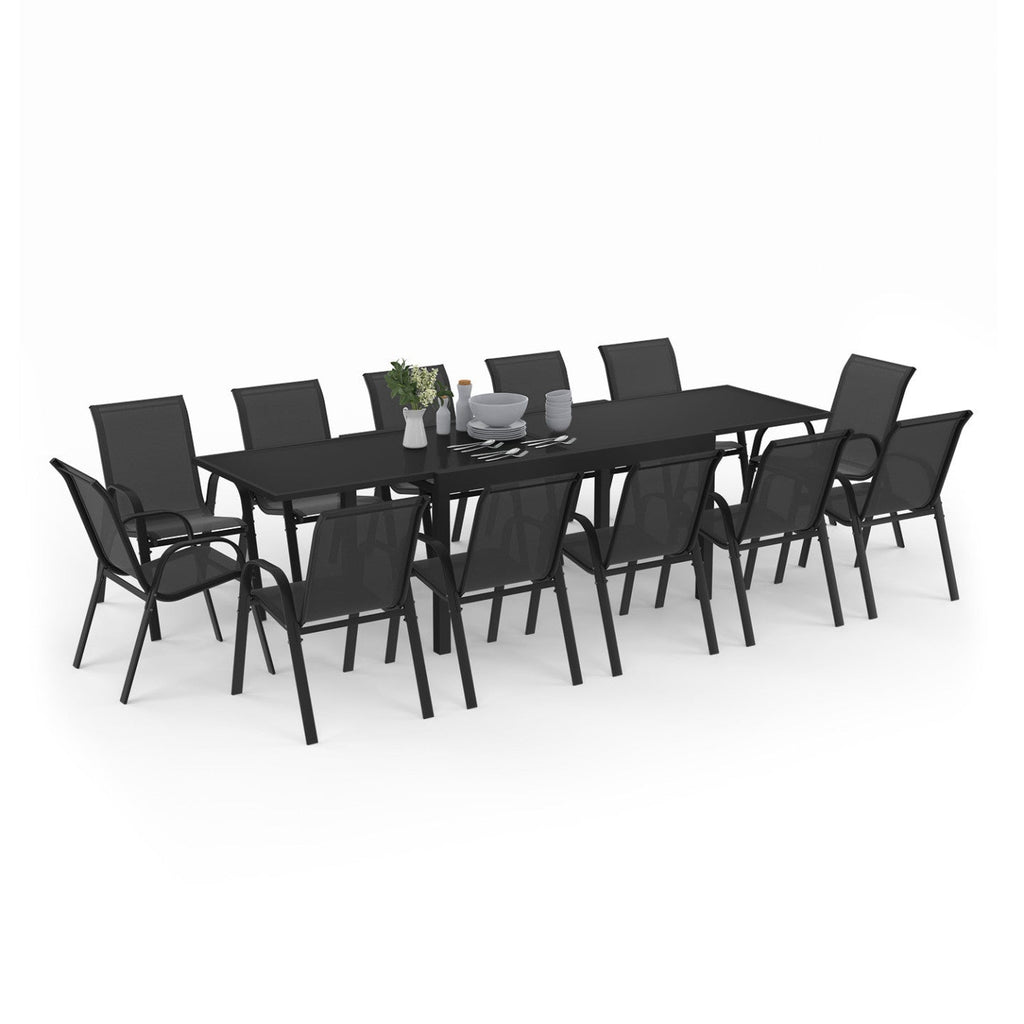 Salon de jardin MADRID table extensible 135-270 cm et 12 chaises empilables noir
